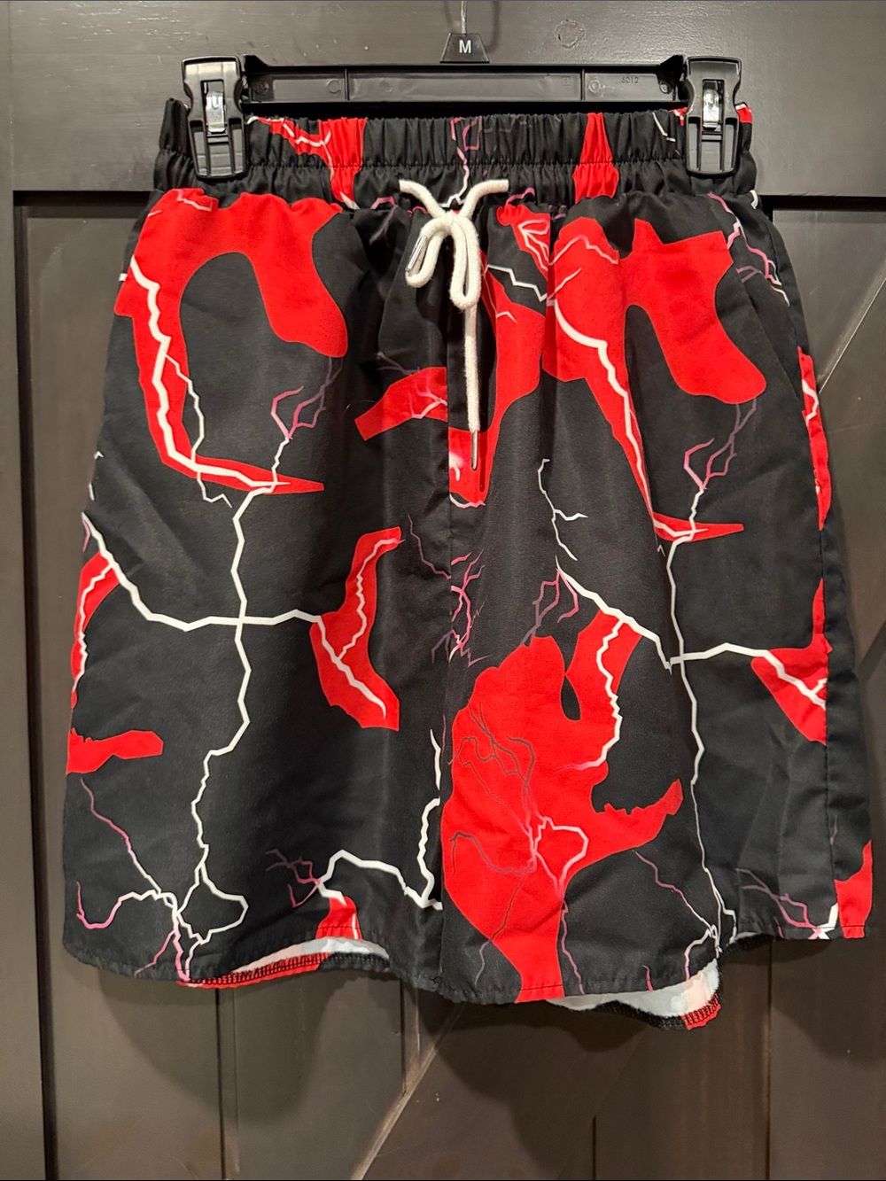 *4/$20 ROMWE Black Swim Shorts with Red Lightning Print